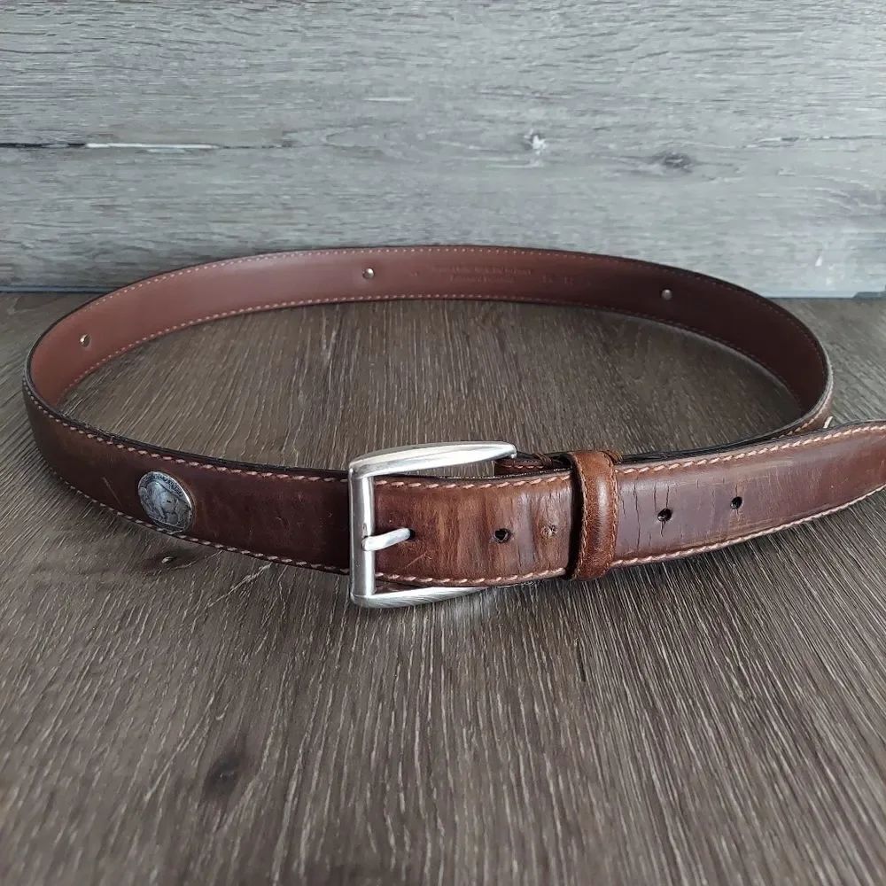 Roundtree & Yorke Vintage Buffalo & Indian Head Nickel Conchos Brown Belt 38